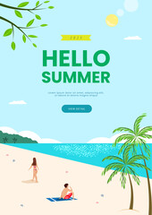 Hello summer with beach scene background