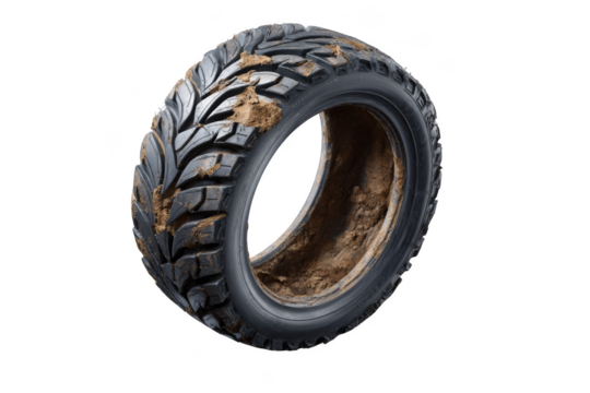Worn tire with a detailed tread pattern showcasing its texture. Png, Transparent background.