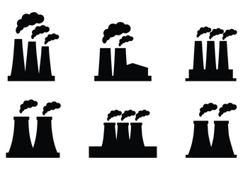 Power plant silhouette, Smoke factory chimney vector, Nuclear power plant icon, air pollution, factory, smoke, vector illustration