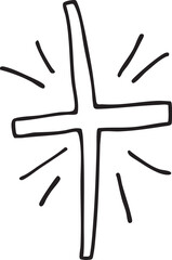 A simple black drawing depicts a cross with radiating lines.