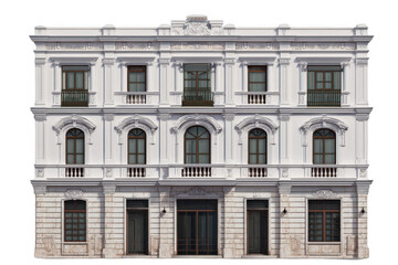 Fototapeta premium A three-story building with classical architecture, white background, png, transparent