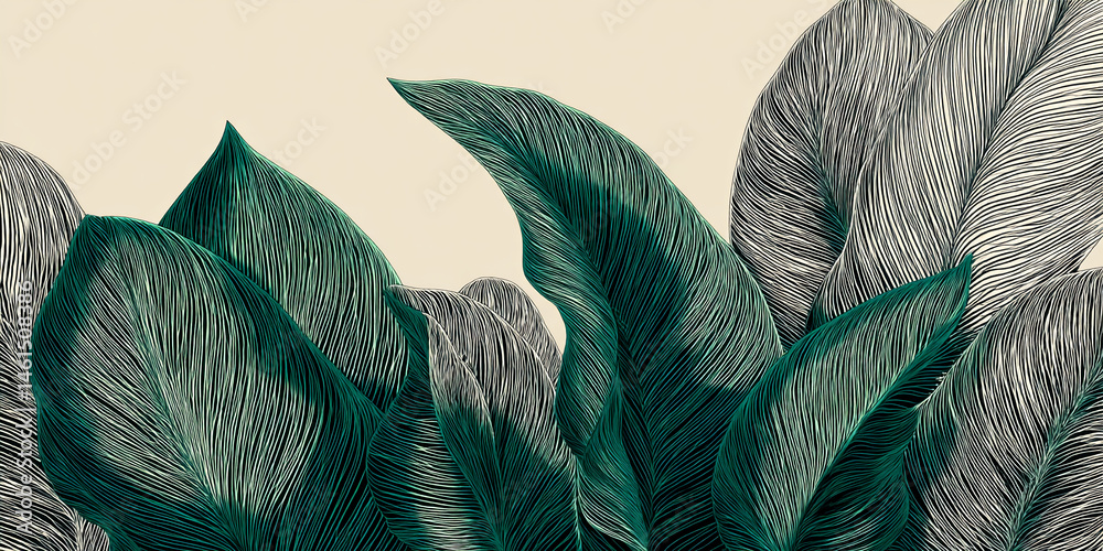 Poster Detailed illustration of large, green and grayscale leaves with intricate line textures, creating a lush, tropical feel, suitable for nature-themed designs