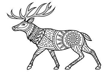 2 Intricate deer illustration, black and white, zentangle style, ornate patterns, mandala designs, detailed antlers, symmetrical geometric shapes, tribal art, line drawing, decorative animal motif, st