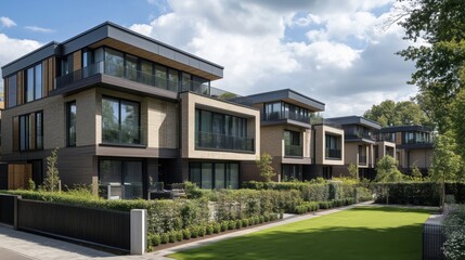 Modern residential architecture featuring contemporary houses with large windows and greenery