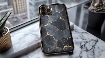 Stylish smartphone case featuring a black marble design with golden veins, ideal for tech enthusiasts and modern decor lovers.