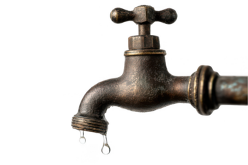 an old water tap with drops on the spout, isolated on a white background, png, transparent