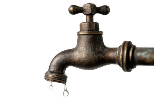 an old water tap with drops on the spout, isolated on a white background, png, transparent