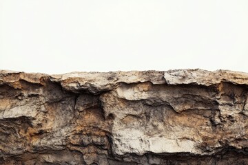 Close-up view of a rough, textured rock face against a white background.