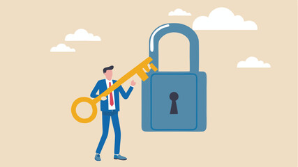 A man in a suit holding a large key near a giant blue padlock against a beige background with clouds