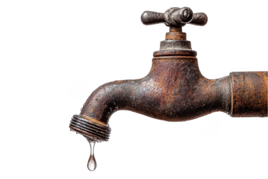 an old water tap with drops on the spout, isolated on a white background, png, transparent