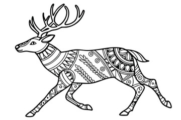 2 Intricate deer illustration, black and white, zentangle style, ornate patterns, mandala designs, detailed antlers, symmetrical geometric shapes, tribal art, line drawing, decorative animal motif, st