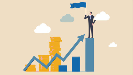 A man in a suit stands atop a bar graph holding a flag with an arrow pointing upwards and gold coins nearby