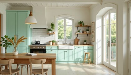 Fototapeta premium Bright kitchen with mint cabinets and natural light, featuring a dining table and plants.