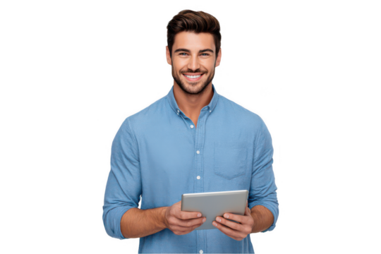 a handsome, smiling young man wearing a blue shirt and holding a digital tablet, png, transparent