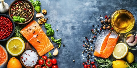 Fresh salmon fillets with herbs, spices, and vegetables on textured background