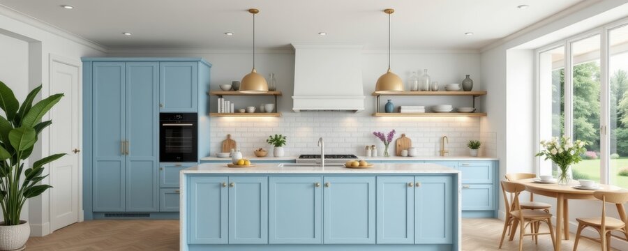 Modern kitchen with blue cabinetry and natural light from large windows.