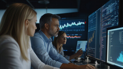 Financial Experts Discussing Investment Strategies Using Interactive Data Dashboards in Modern Skyscraper Office Environment