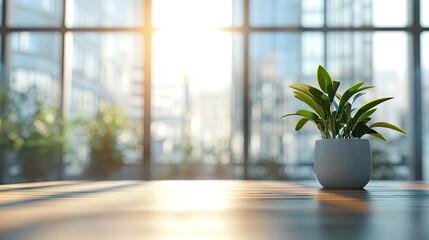 Fototapeta premium A beautifully lit wooden table in a modern office with a panoramic view of a city skyline at sunset. creating a warm and inviting atmosphere for meetings or gatherings