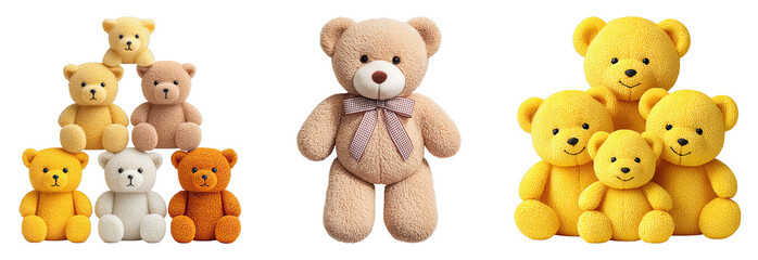 Fototapeta premium Soft teddy bear with bow tie and group of colorful plush toy bears on transparency background