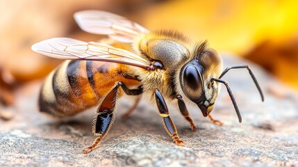 Golden Honeybee Macro Portrait Close-Up of Fuzzy Body, Detailed Eyes, and Delicate Antennae.