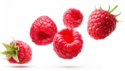Fresh Ripe Raspberries Flying in the Air: Isolated on White Background
