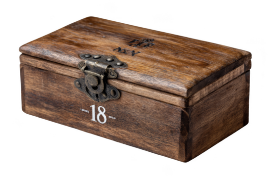 Wooden box with ornate metal clasp and number 18 engraved on the front. Png, Transparent background. - Powered by Adobe