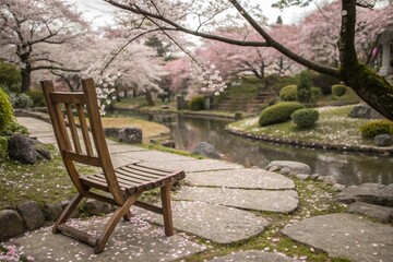 Fototapeta premium Wooden Chair Covered in Falling Cherry Blossoms in a Japanese Garden.