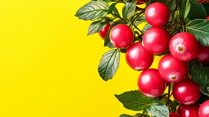 Obraz premium Ripe Red Cranberries on Branch with Green Leaves, Isolated on Vibrant Yellow Background