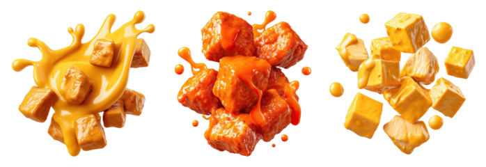 Cheese sauce and buffalo sauce coated chicken chunks with splash of sauce on black