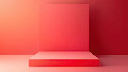 Obraz premium A minimalistic red room featuring a central pedestal with a blank backdrop. creating an ideal setting for product displays or artistic presentations