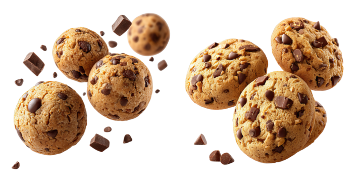 Chocolate chip cookie balls and cookies with chocolate chunks floating on transparency background