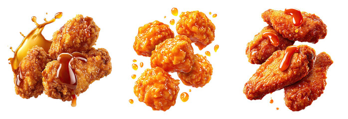 Fried chicken wings and boneless pieces with sauce splashes, crispy and saucy snack