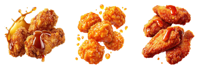 Fried chicken wings and boneless pieces with sauce splashes, crispy and saucy snack