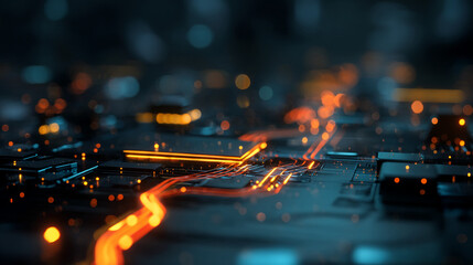 Abstract image of glowing orange circuits on dark surface, suggesting technological advancement, innovation, and connectivity, ideal for tech or futuristic designs