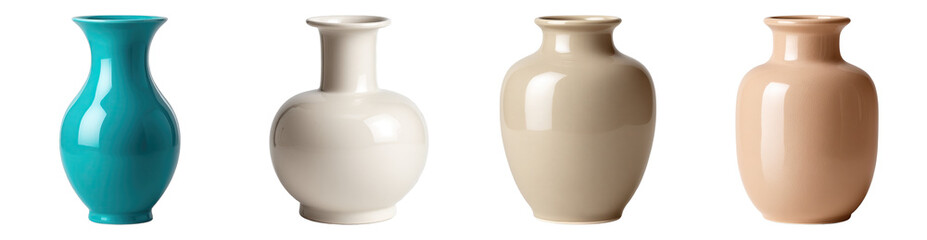 Ceramic vase collection in blue, white, beige, and peach colors with smooth glossy finish