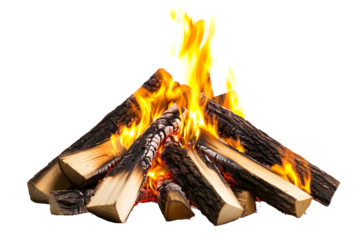 Fiery logs ablaze in a crackling bonfire.  Burning wood logs with intense flames