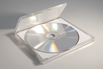 Close-up of a CD in an open, clear jewel case, showcasing reflections and details, suitable for tech or media backgrounds and product displays of storage media.