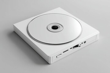 Close-up studio shot of an all white square CD player showcasing a blank CD disk on top and an array of connection ports on the front face against gray background.