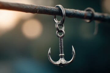 Obraz premium A detailed close-up of a silver fishing hook hanging from a weathered, rusty metal bar showcasing the intricate design and the harshness of outdoor life.