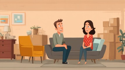 Fototapeta premium Animated scene of two people having a conversation on a couch in a cozy, unpacked living room