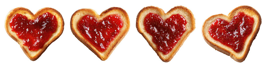 Heart shaped toast with red jam spread, isolated on transparency background, sweet snack