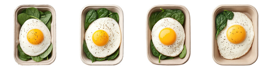 Fried egg with spinach in biodegradable container, fresh and healthy meal option