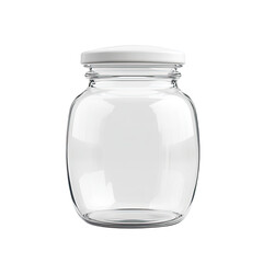 Clear glass jar with white lid.  Empty, round,  food-safe,  storage,  preserve,  home, kitchen,  transparent,  smooth,  modern, simple,design, reusable,  packageable, tight, sealed