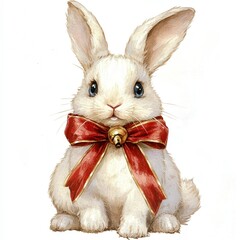 Obraz premium Cute white rabbit with a red bow preparing for a cheerful celebration in a cozy setting