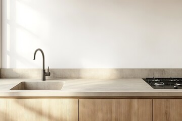 Modern kitchen interior featuring a sleek stone sink and wooden cabinetry. illuminated by natural light. showcasing a minimalist design with a functional cooking area