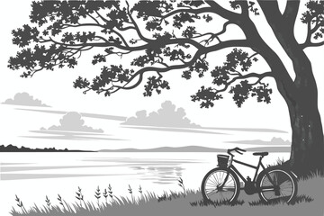Fototapeta premium 10 black and white illustration, detailed line art, serene lakeside scene, large tree with textured bark, bicycle leaning against tree, calm water surface, distant shoreline, wispy clouds, grassy fore