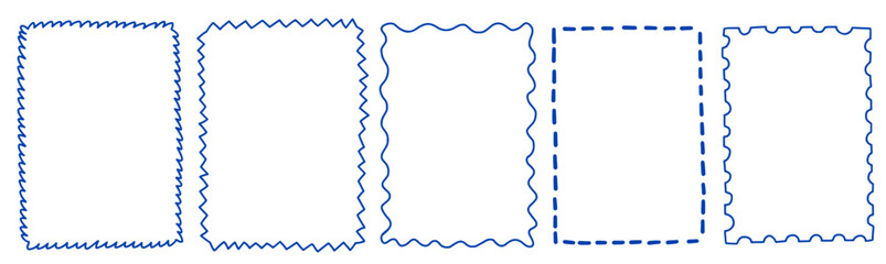 Set of elegant whimsical hand-drawn blue frames. Trendy vintage postage borders for wedding invitations