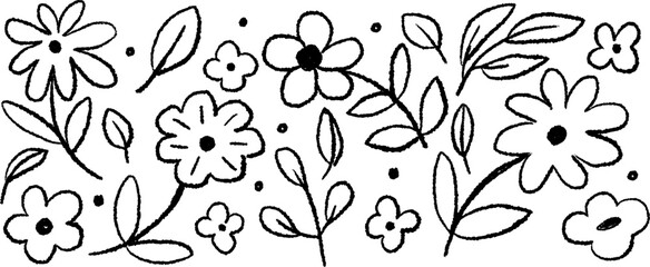 Flowers black ink brush grunge drawing. Hand drawn floral elements. Hand drawn floral sketch.