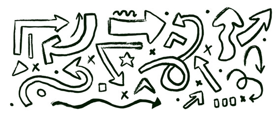 Abstract brush drawing textured grunge arrow in outline doodle style. Set of hand drawn paint object. Design grunge chalk elements.