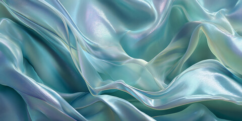 Fototapeta premium Soft, teal fabric texture with iridescent sheen, flowing in graceful waves, suggesting elegance, luxury, and smoothness